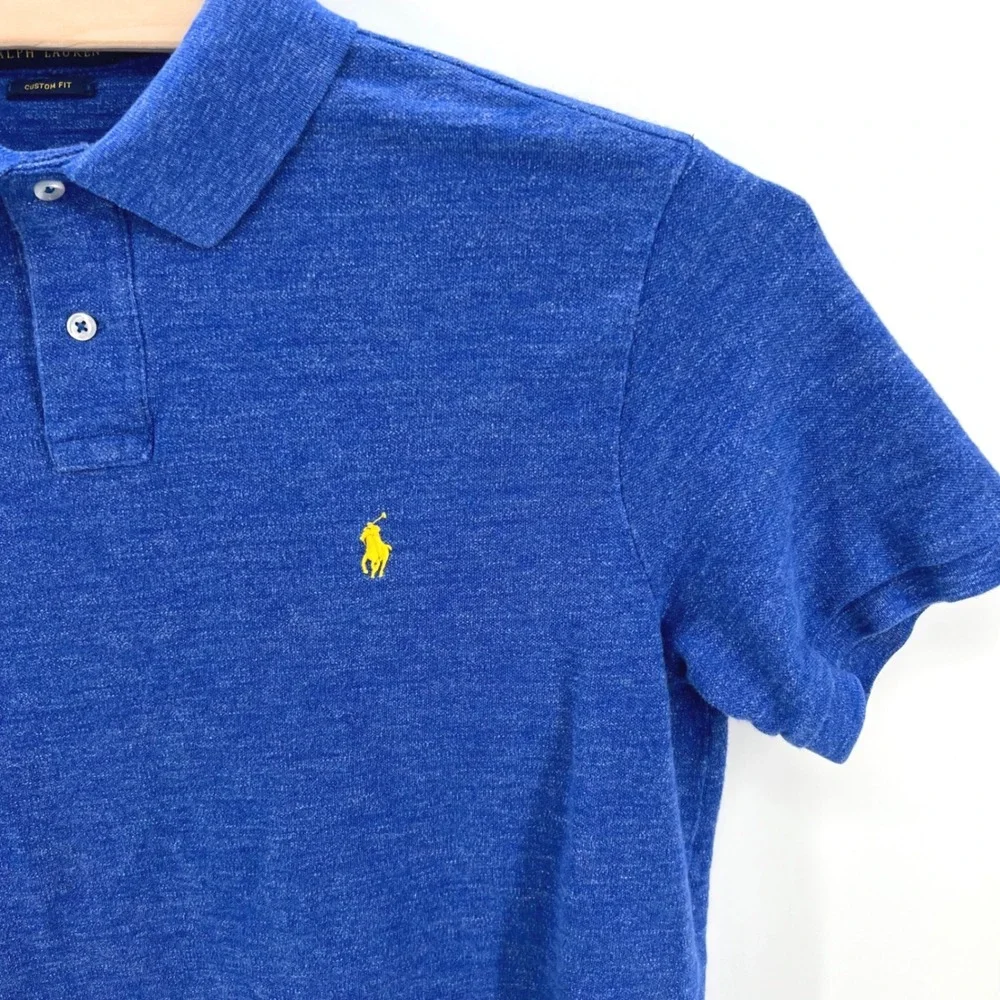Polo Ralph Lauren Shirt Mens XL Blue Custom Fit Heathered Cotton Yellow Pony